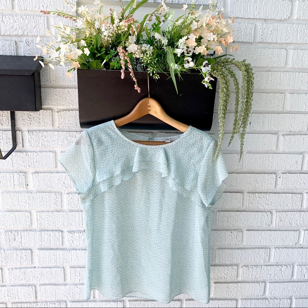 LOFT Ruffle Beautiful Mint Green Semi-Sheer Short Sleeve Blouse Size Med/Petite